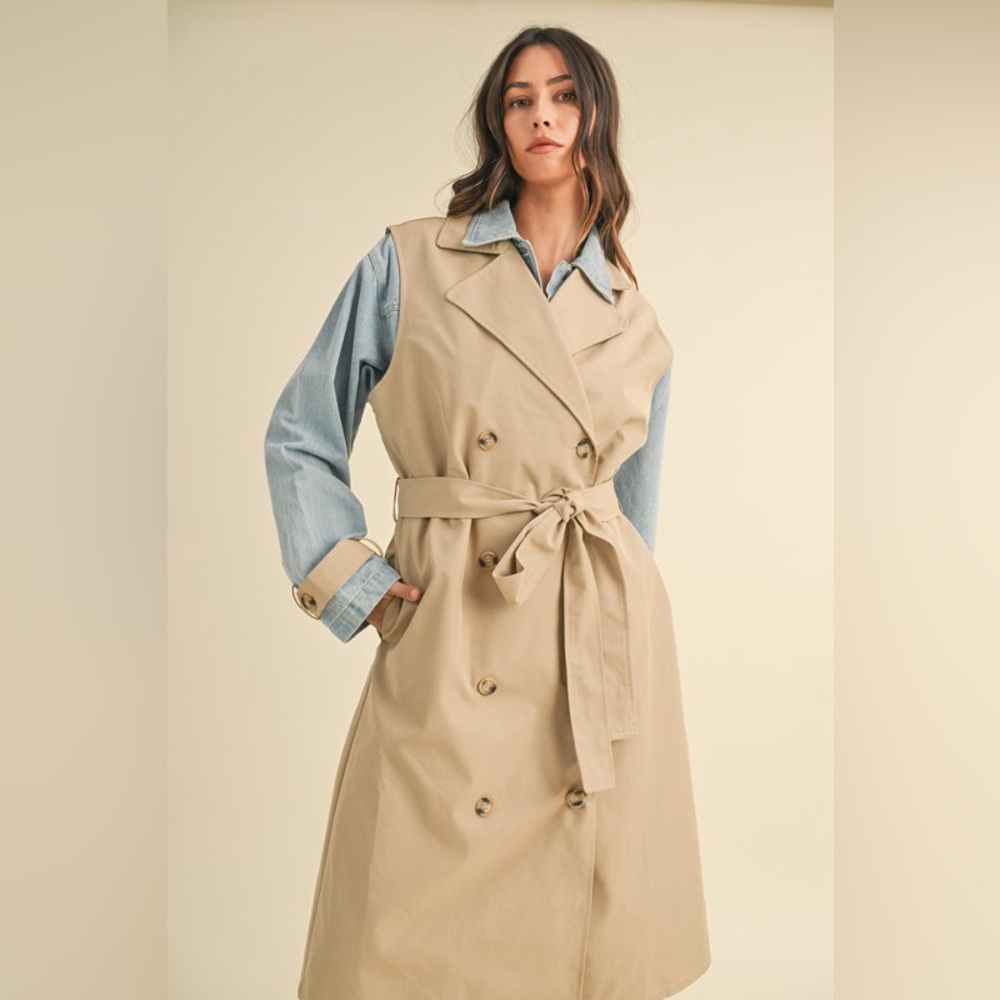 Layered Trench Coat with Denim Jacket Size M Tan Blue Outerwear Classic Neutral - Picture 11 of 12